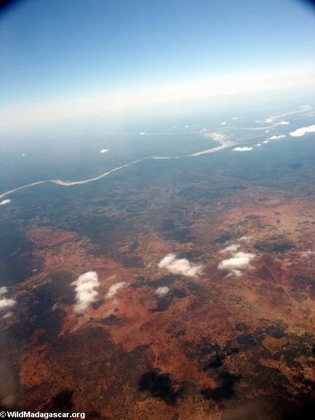 Aerial view of deforestation and erosion in southern Madagascar (Isalo)