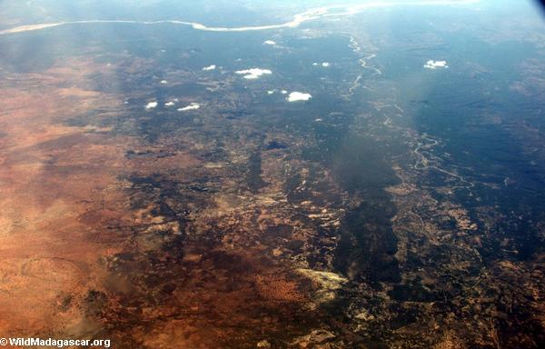 Aerial view of deforestation and erosion in southern Madagascar(Isalo)