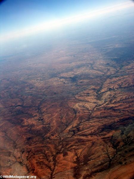Aerial view of deforestation and erosion in southern Madagascar(Isalo)