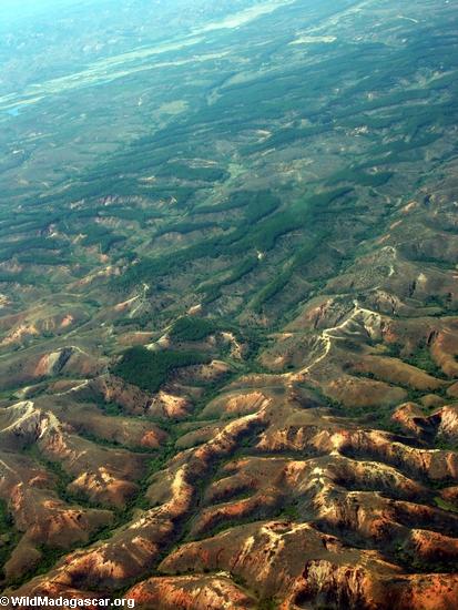 View from plane of deforestation in Madagascar(Airplane flight from Anatananarivo to Maroantsetra)