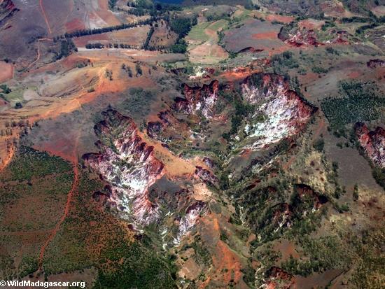 Deforestation-induced lavaka (erosion) in Madagascar(Airplane flight from Anatananarivo to Maroantsetra)