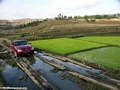 Car crossing rice paddy -- poor roads in Madagascar (Ambositra area)