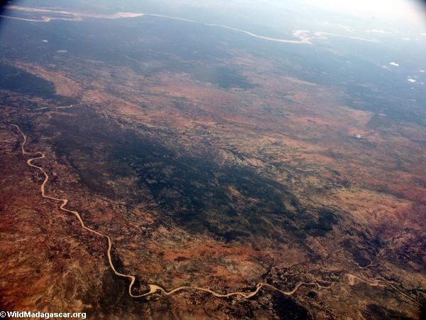 Aerial view of deforestation and erosion in southern Madagascar (Isalo) [tulear_ftdau_flight0158]